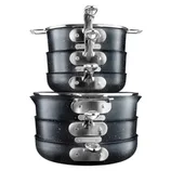 A stack of five granite-coated non-stick cookware pieces with metal handles and glass lids, designed for space-saving storage.