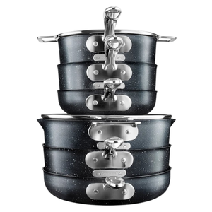 A stack of five granite-coated non-stick cookware pieces with metal handles and glass lids, designed for space-saving storage.