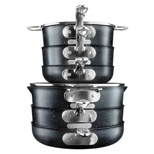 A stack of five granite-coated non-stick cookware pieces with metal handles and glass lids, designed for space-saving storage.