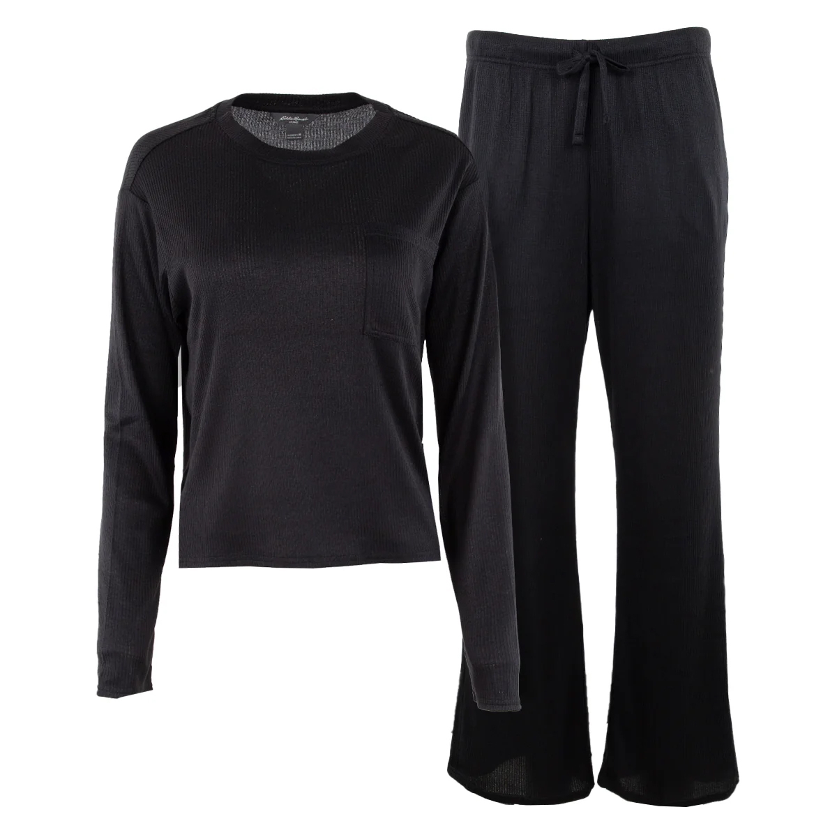 A black ribbed knit pajama set with a long-sleeve top featuring a chest pocket and matching drawstring pants.