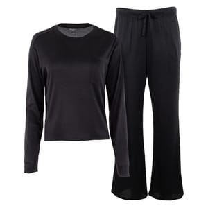 A black ribbed knit pajama set with a long-sleeve top featuring a chest pocket and matching drawstring pants.