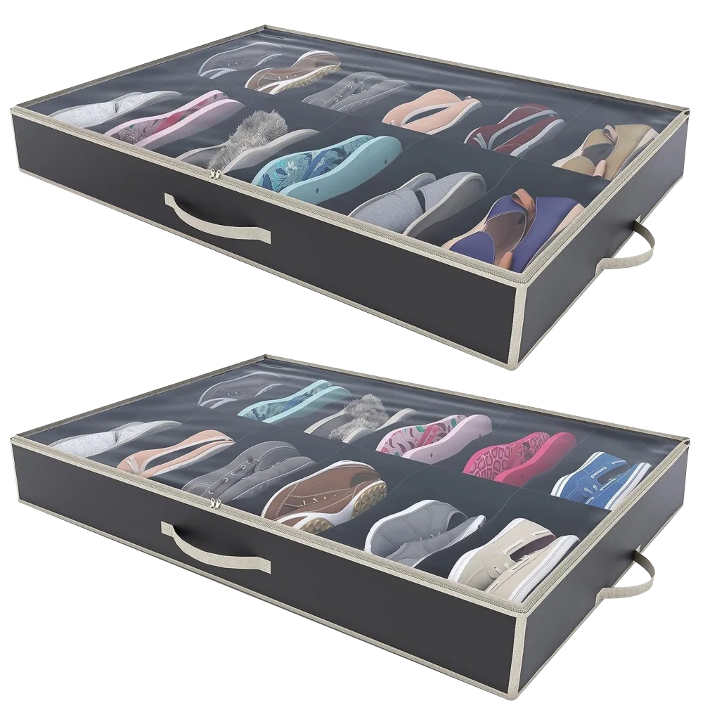 Under-bed shoe storage organizers with clear zippered covers, each featuring compartments for multiple pairs of shoes. They have convenient handles for easy pulling and storage.
