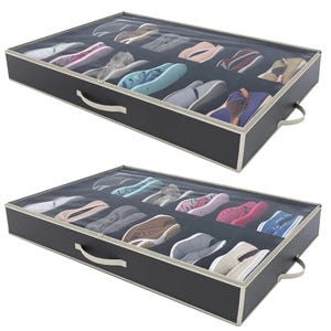 Under-bed shoe storage organizers with clear zippered covers, each featuring compartments for multiple pairs of shoes. They have convenient handles for easy pulling and storage.