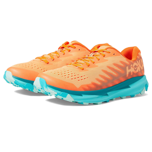 A pair of orange and light blue trail running shoes with prominent lugged soles and a HOKA logo.