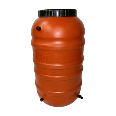 Orange 55-gallon rain barrel with a black screw-on lid and multiple outlet ports, featuring a ridged cylindrical design for durability and stability.