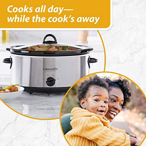A Crock-Pot slow cooker with the capacity of seven quarts, featuring a stainless steel exterior and a black stoneware pot with handles and a clear lid. A mother and child smiling together accompany the product.