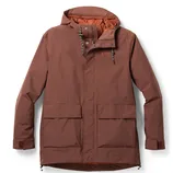 Brown winter jacket with a hood, featuring an REI logo, front flap pockets, and adjustable cuffs with Velcro.