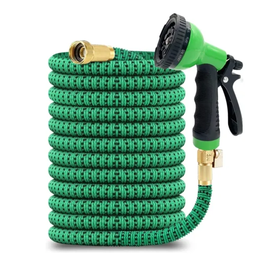 Expandable garden hose with a green fabric exterior and brass connectors, featuring an adjustable spray nozzle with a black grip.
