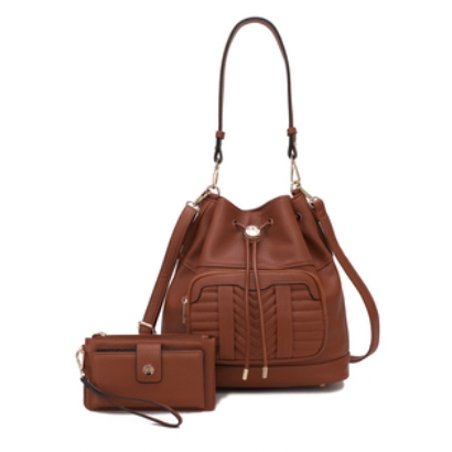 Brown bucket bag with a drawstring closure, featuring a front pocket with quilted details, paired with a matching brown wallet.