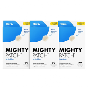 Three boxes of Mighty Patch Invisible+ by Hero, each containing 72 patches, designed for blemish care.