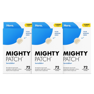 Three boxes of Mighty Patch Invisible+ by Hero, each containing 72 patches, designed for blemish care.