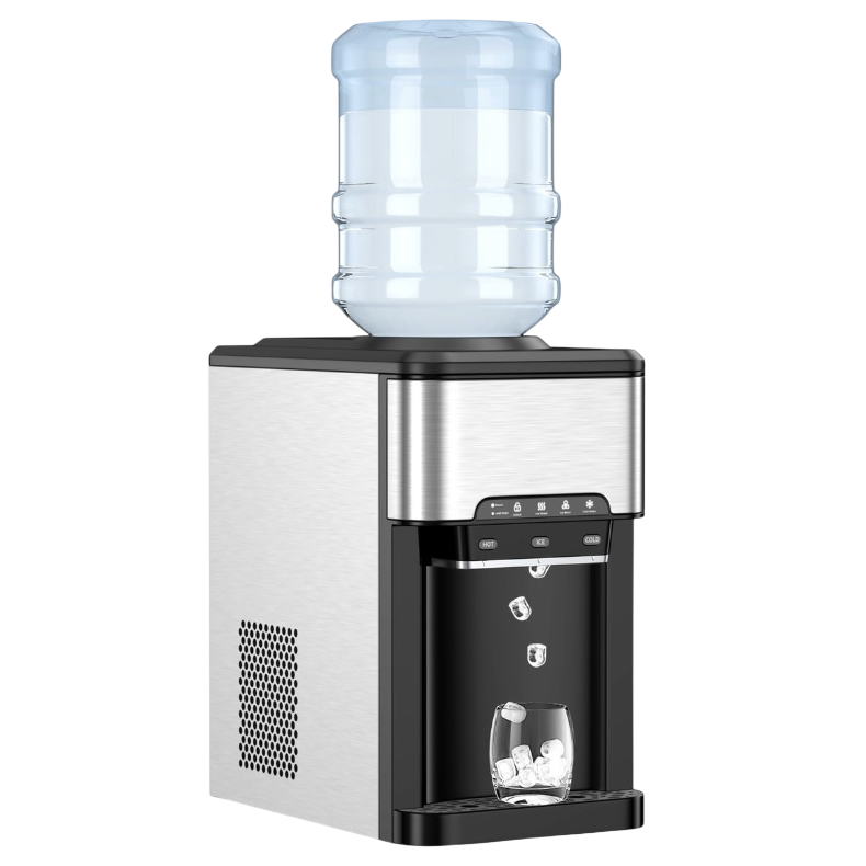 A countertop water cooler and ice maker with a water jug on top, featuring buttons for dispensing hot, room temperature, and cold water. Ice cubes are being dispensed into a glass below.
