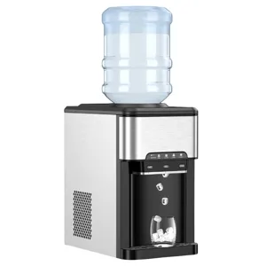 A countertop water cooler and ice maker with a water jug on top, featuring buttons for dispensing hot, room temperature, and cold water. Ice cubes are being dispensed into a glass below.