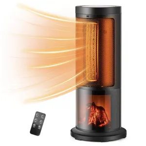 A tower-shaped space heater with a visible heating element and a simulated flame effect, plus a remote control.