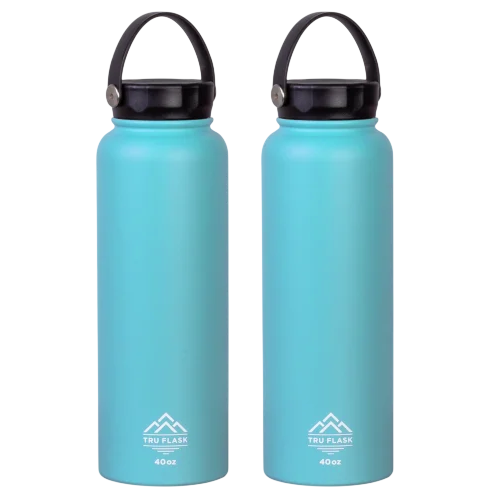 Two teal-colored insulated water bottles with black handles, branded \“Tru Flask.\“ Each holds 40 ounces.
