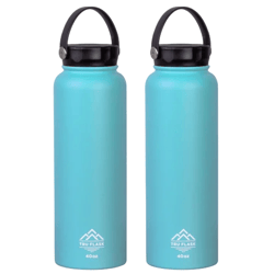 Two teal-colored insulated water bottles with black handles, branded \“Tru Flask.\“ Each holds 40 ounces.