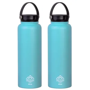 Two teal-colored insulated water bottles with black handles, branded \“Tru Flask.\“ Each holds 40 ounces.