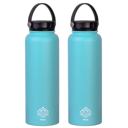 Two teal-colored insulated water bottles with black handles, branded \“Tru Flask.\“ Each holds 40 ounces.