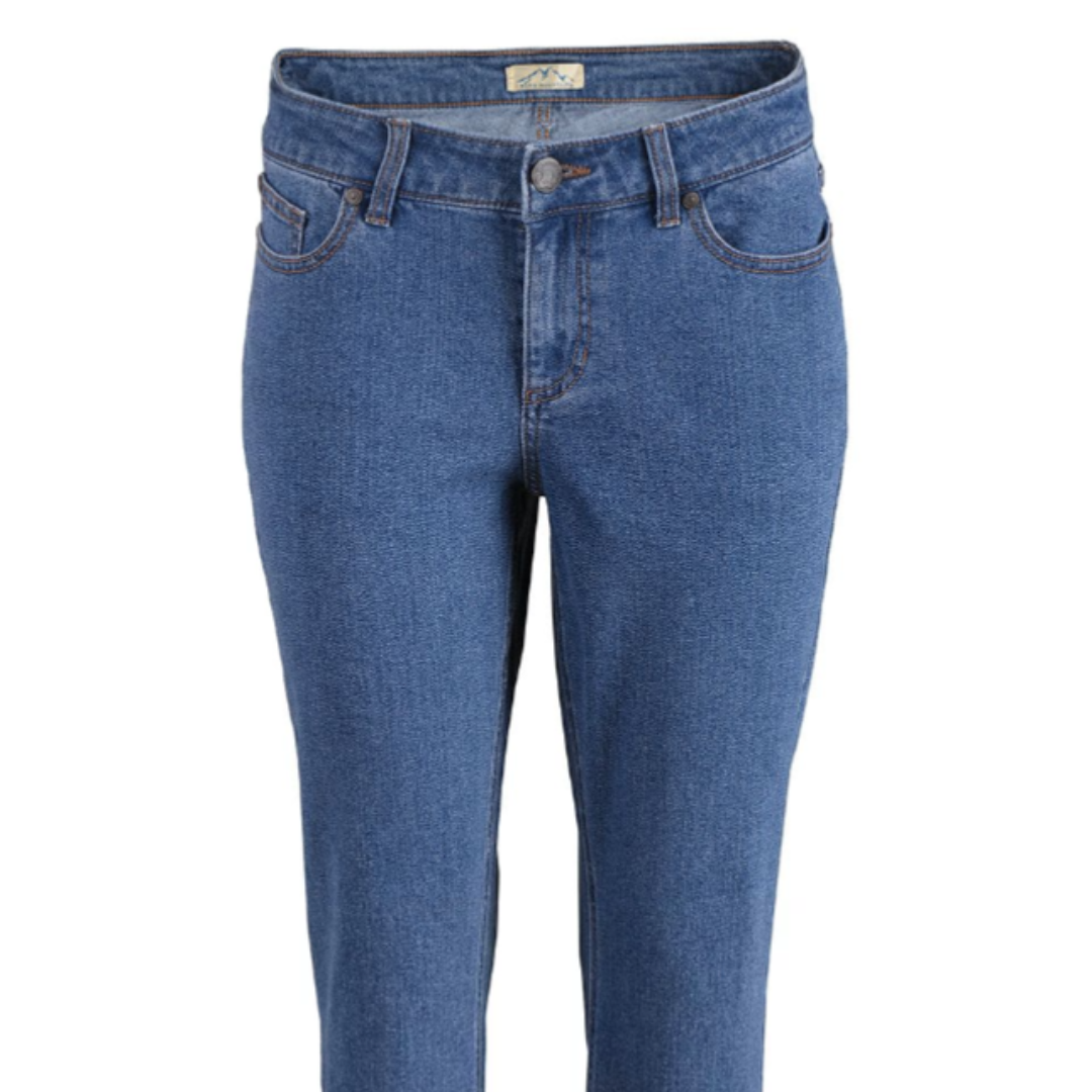 A pair of blue denim jeans with a classic five-pocket design and a button closure.