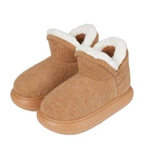 Brown ankle-high boots with a soft, fluffy white lining and thick, cushioned soles.