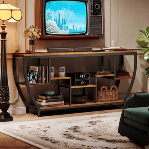 A vintage television set is mounted above a console table with shelves, holding vinyl records, a radio, and decorative items, flanked by a floor lamp and a patterned rug in a stylish living room setup.
