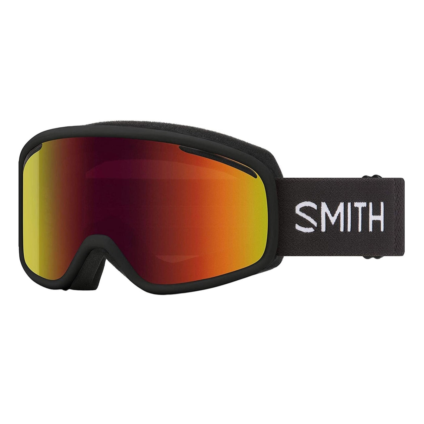 Ski goggles with a red-orange gradient lens and black frame. The strap is black with the brand name \“SMITH\“ in white lettering.