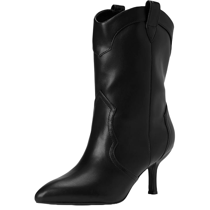 Black mid-calf boot with a pointed toe, low kitten heel, and western-inspired stitching details, made by DV by Dolce Vita.