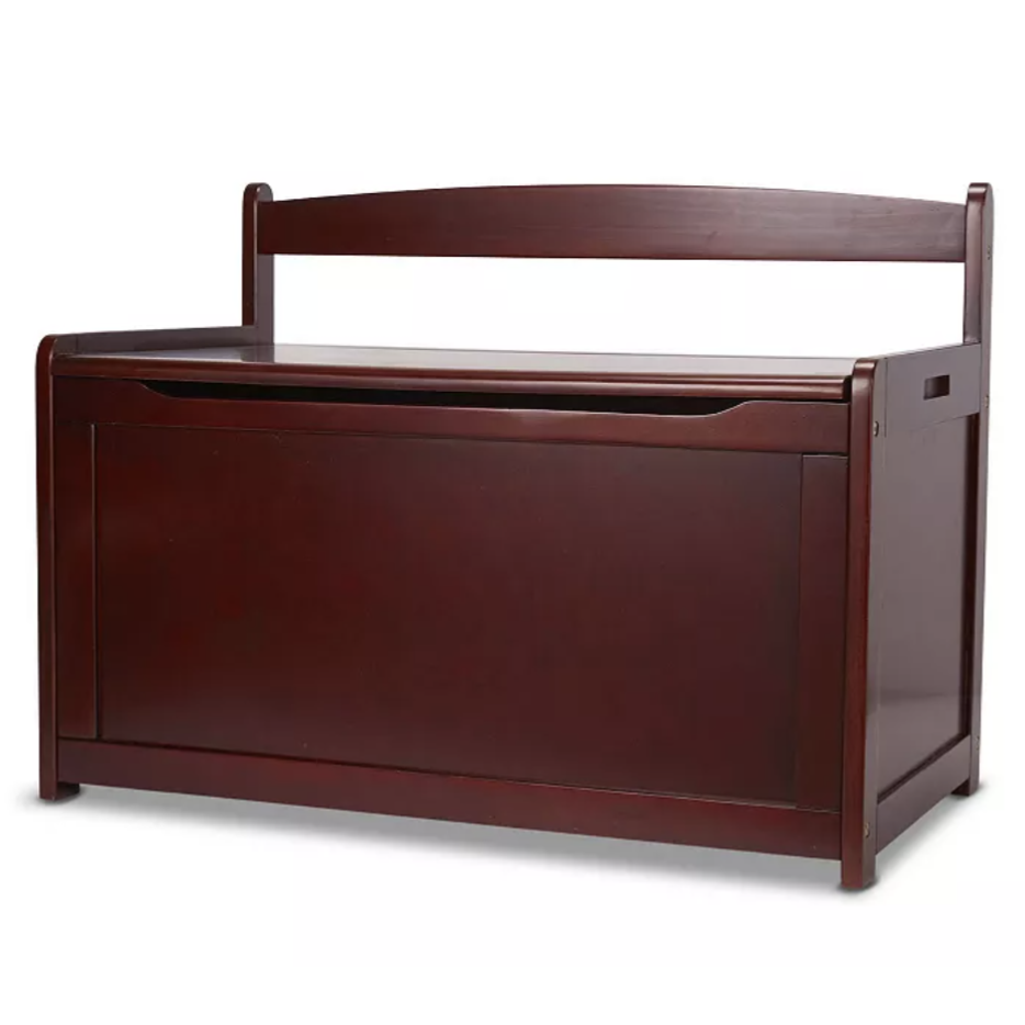 Dark wood storage bench with a backrest and a hinged lid for storage access.