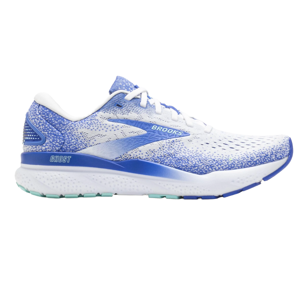 Blue and white athletic running shoe from Brooks with cushioning and speckled design, labeled \“Ghost\“ on the side.
