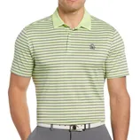 A male model wears a light green and blue striped polo shirt with a penguin logo, paired with gray pants and a white belt.