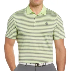 A male model wears a light green and blue striped polo shirt with a penguin logo, paired with gray pants and a white belt.
