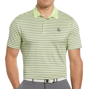 A male model wears a light green and blue striped polo shirt with a penguin logo, paired with gray pants and a white belt.