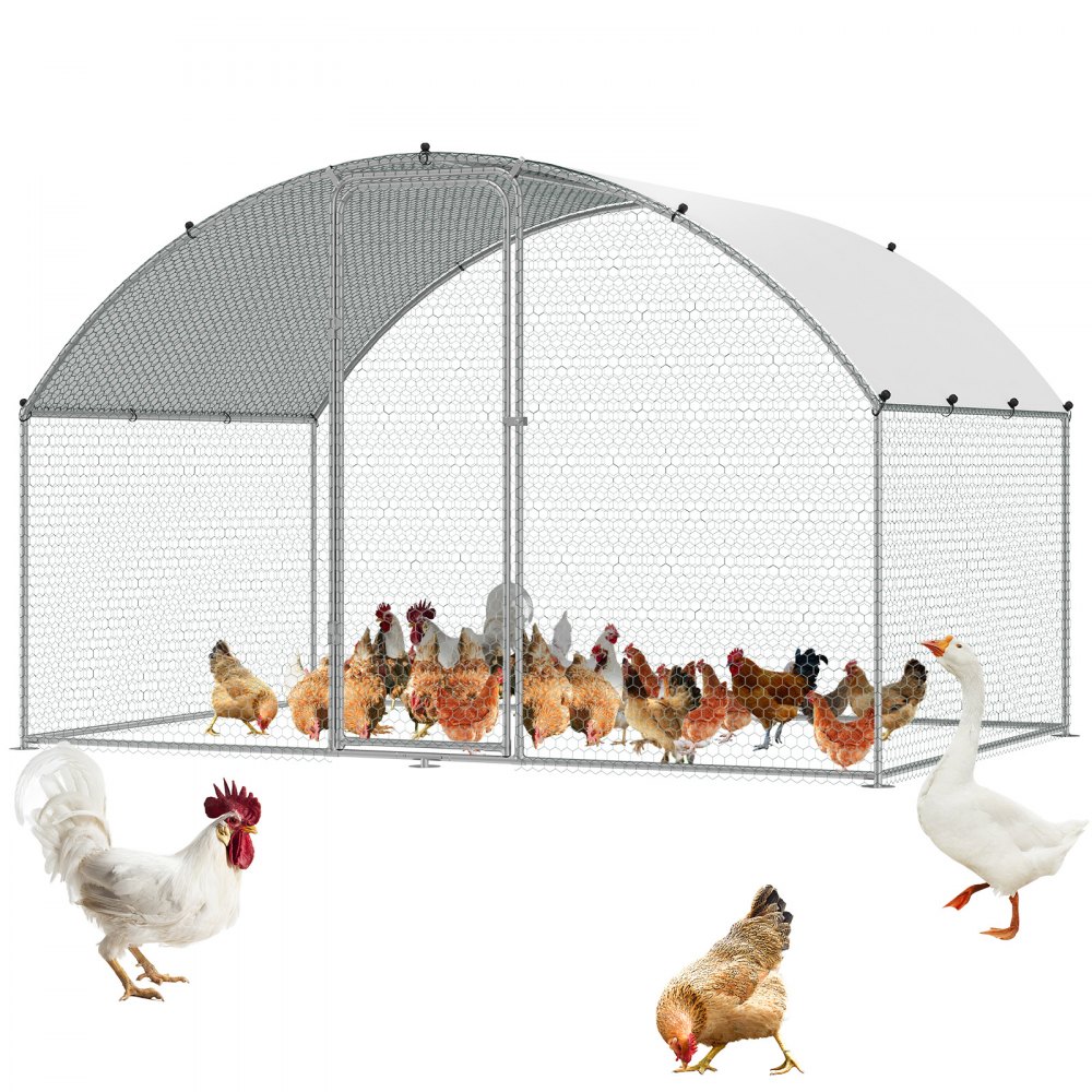 A large chicken coop with a white cover and a mesh enclosure, featuring chickens and a goose outside of it.
