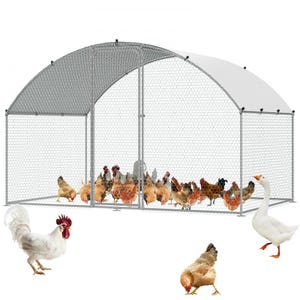 A large chicken coop with a white cover and a mesh enclosure, featuring chickens and a goose outside of it.