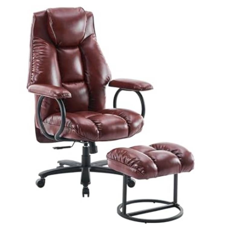 A brown leather office chair with a cushioned backrest and armrests, accompanied by a matching ottoman on a metal frame.