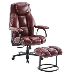 A brown leather office chair with a cushioned backrest and armrests, accompanied by a matching ottoman on a metal frame.
