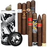 A selection of cigars is displayed alongside a cylindrical container labeled \“Ministry of Cigars,\“ featuring various cigar bands with different designs and colors.