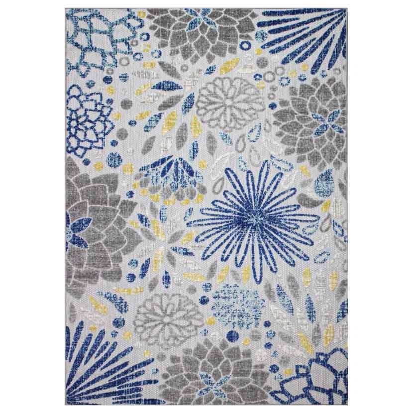 A 5' x 7' rug featuring a floral pattern with stylized blue, gray, and yellow flowers and leaves on a light background, suitable for both indoor and outdoor use.
