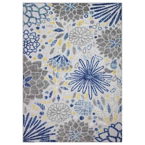 A 5' x 7' rug featuring a floral pattern with stylized blue, gray, and yellow flowers and leaves on a light background, suitable for both indoor and outdoor use.