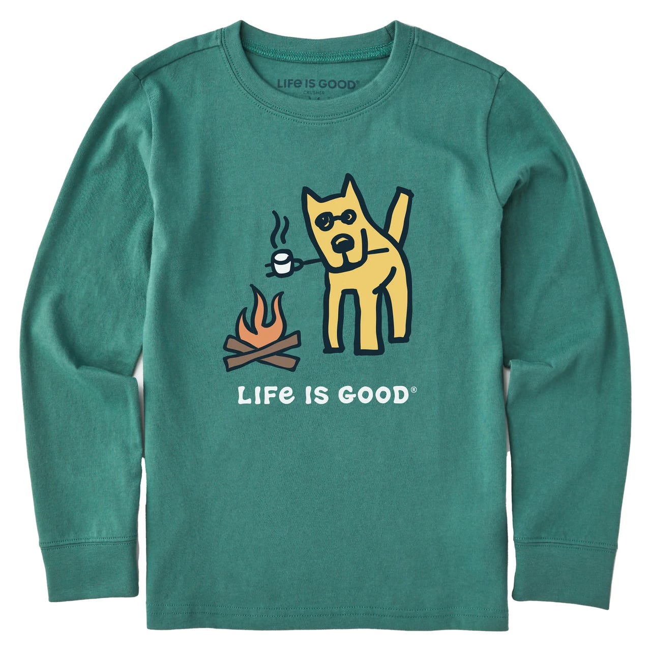 Green long-sleeve shirt with a graphic of a yellow dog with sunglasses, holding a cup by a campfire. Text reads \“Life is Good\“.