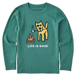 Green long-sleeve shirt with a graphic of a yellow dog with sunglasses, holding a cup by a campfire. Text reads \“Life is Good\“.