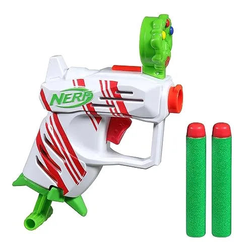 A Nerf toy blaster with a white, red, and green color scheme and two green foam darts with red tips.