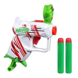 A Nerf toy blaster with a white, red, and green color scheme and two green foam darts with red tips.