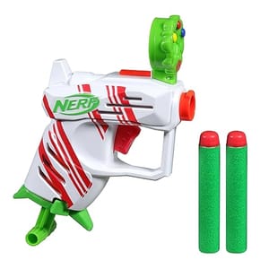 A Nerf toy blaster with a white, red, and green color scheme and two green foam darts with red tips.