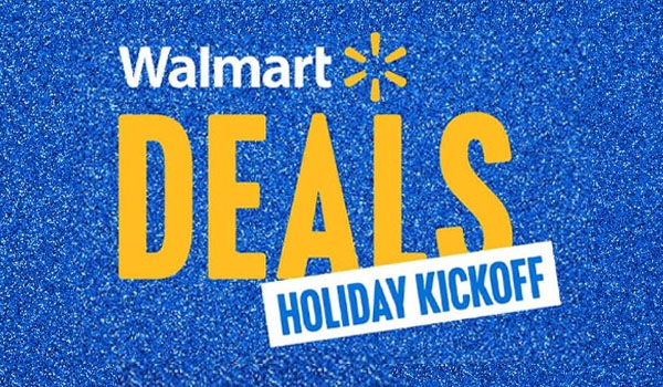 white and yellow text advertising the Walmart Deals Holiday Kickoff Sale on a glittery blue background