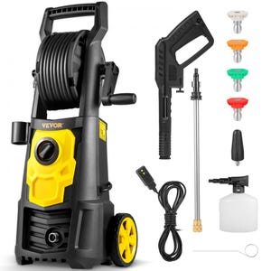 Vevor Electric Power Washer with hose reel features multiple nozzles, a spray gun, adjustable lance, power cord, and foam cannon, designed for high-pressure cleaning tasks.