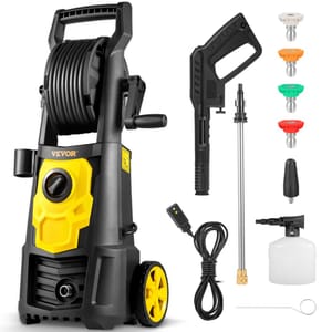 Vevor Electric Power Washer with hose reel features multiple nozzles, a spray gun, adjustable lance, power cord, and foam cannon, designed for high-pressure cleaning tasks.