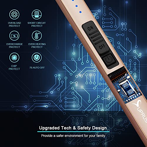 A windproof USB flameless lighter, showcasing its electronic components and safety features such as overload, short circuit, and overcharge protection.