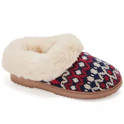 A cozy slipper with a knitted red, white, and blue pattern, featuring a plush, fluffy beige inner lining and a rubber sole.