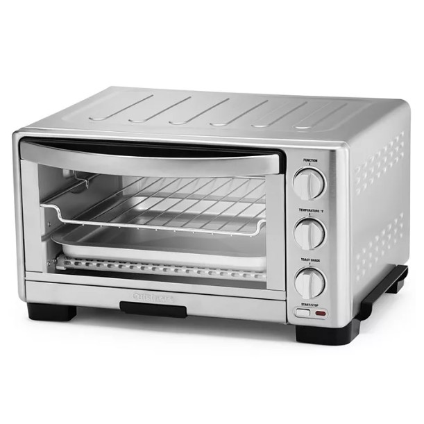 A stainless steel toaster oven with multiple control knobs for functions, temperature, toast shade, and start/stop.